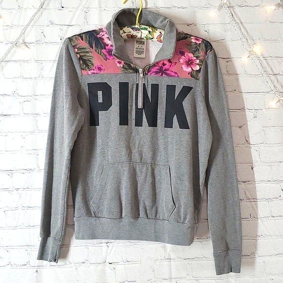 2016 NWOT Victoria's Secret PINK Quarter Zip Tropical Floral Sweatshirt Size XS - Picture 3 of 17